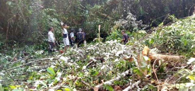 Warga Desa Karamuan dan Benao Hulu Gotong Royong Buat Jalur Tiang Listrik